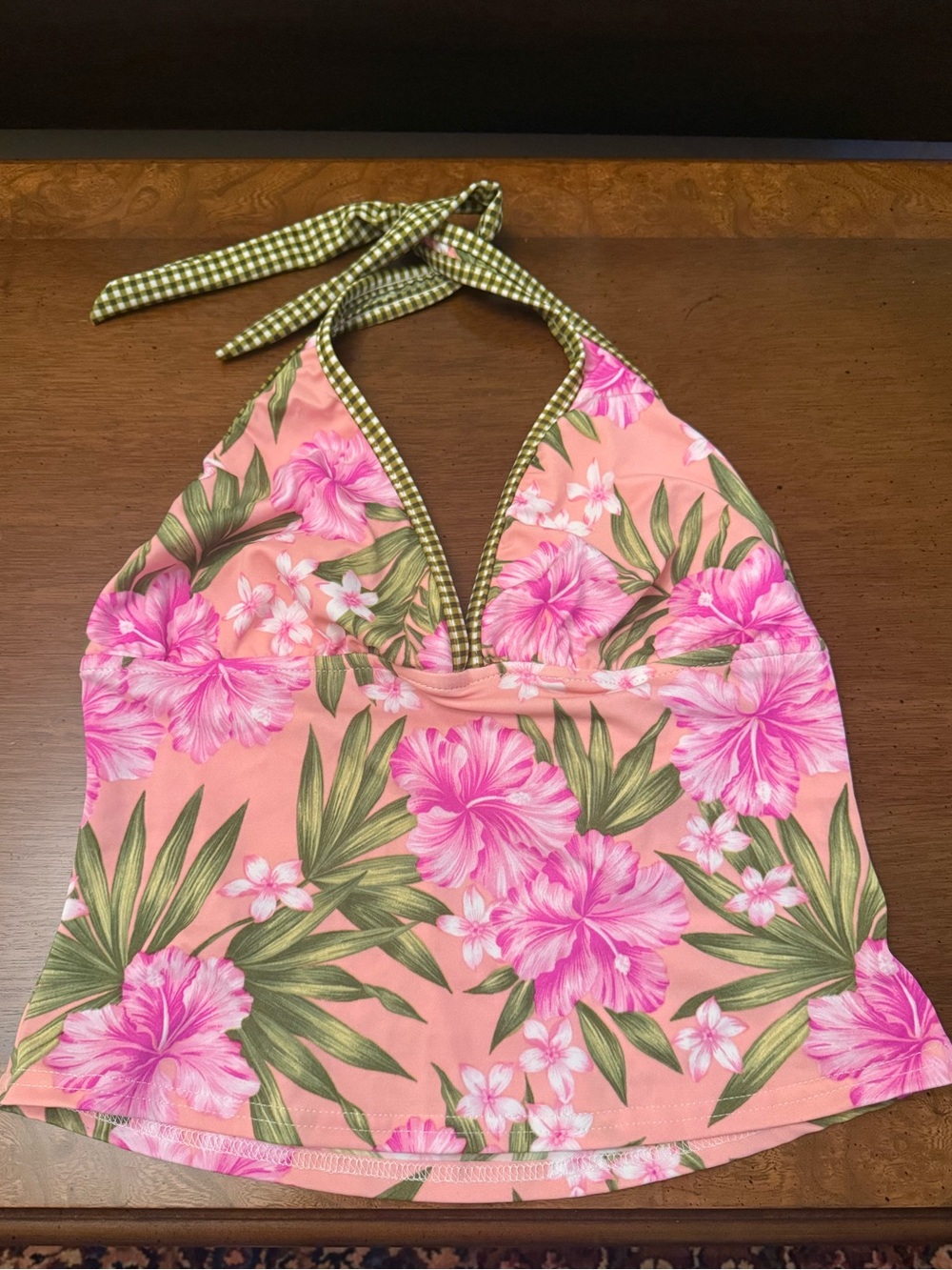 VENUS Pink Floral Halter Swim Top with Green Leaf Accents